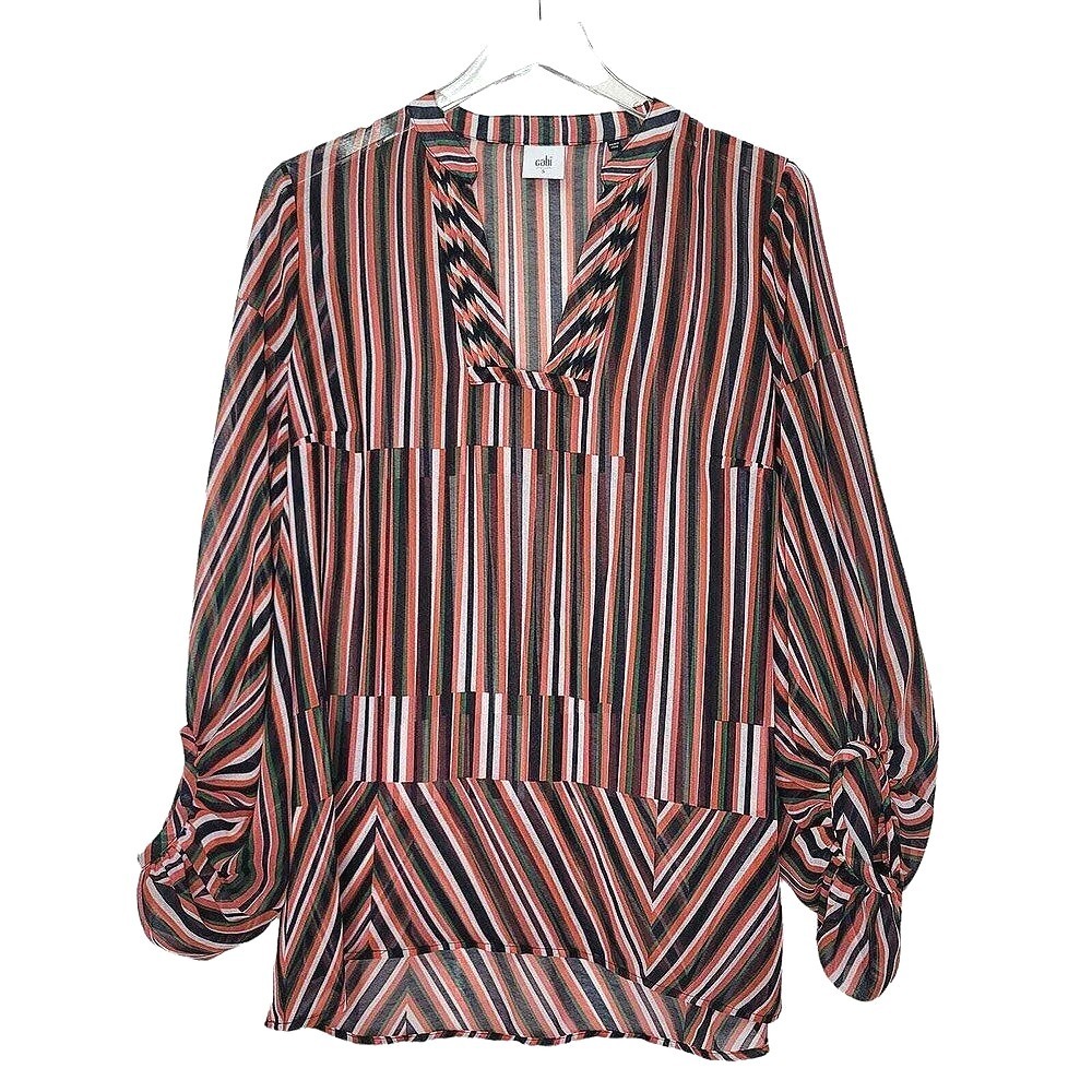 Cabi Ultimate Sheer Blouse Small Long Balloon‎ Sleeve Striped V-Neck